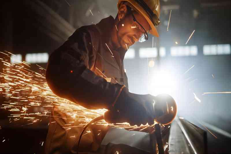 Heavy Industry Engineering Factory Interior with Industrial Worker Using Angle Grinder and Cutting a Metal Tube. Contractor in Safety Unif(1)