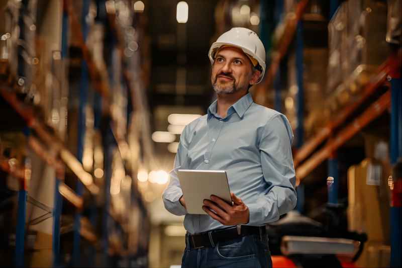 Man working in a warehouse via digital tablet Manager with safety helmet holding digital tablet in warehouse manufacturing industry stock (1)
