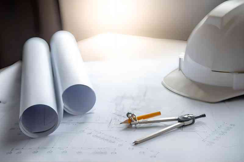 Compass tool and safety helmet on architectural drawing plan of house project, blueprint rolls on working table, Architecture and building construction in(1)