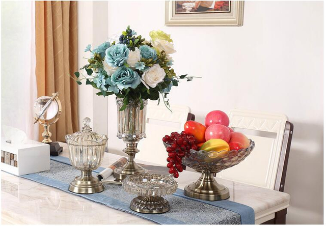 Decoration Glass Vase Home Decor Classical European Bronze Crystal Table Metal Flower Rose Vase for Home Weddings