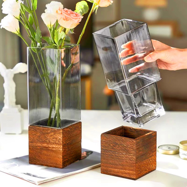 Modern Simple square Wood Support Transparent Glass Advanced Sense Vase Household Hydroponic Vases