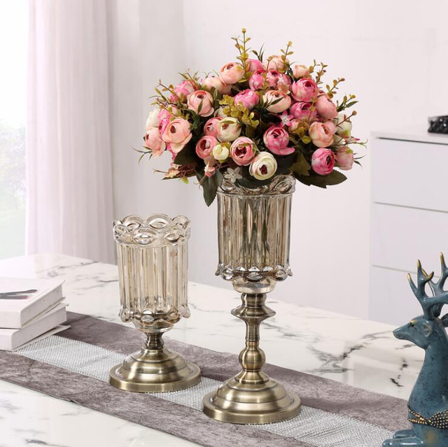 Decoration Glass Vase Home Decor Classical European Bronze Crystal Table Metal Flower Rose Vase for Home Weddings