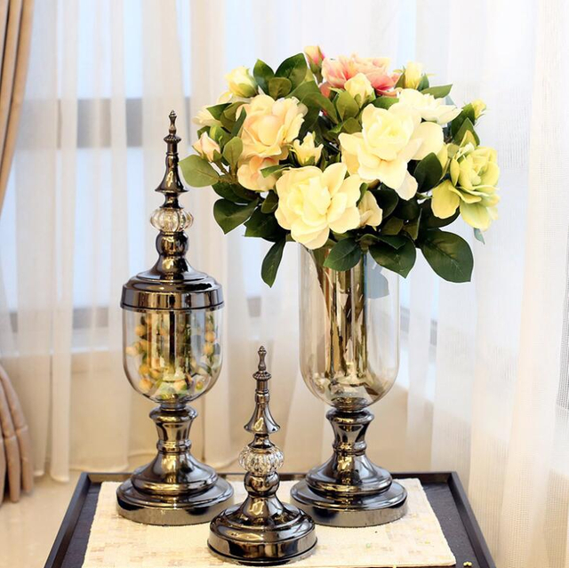 Decorative Artificial Flower Plant Vase Home Decor European Style Gold Decoration Glass Crystal Vase for Flowers
