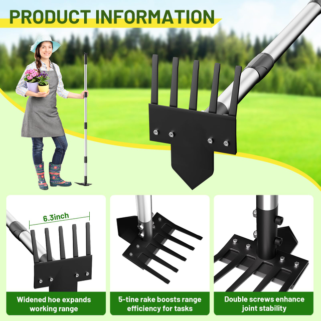 2-in-1 Heavy-Duty Garden Hoe with 5-Tine Rake