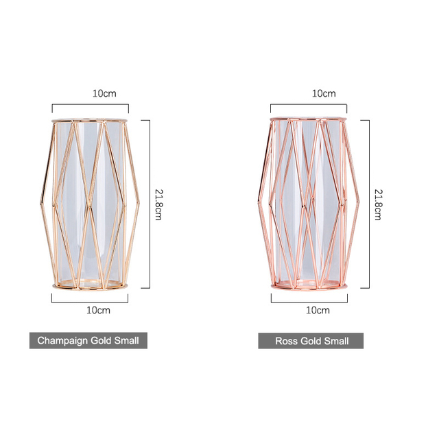 Modern Rose Gold Frame Cylinder Clear Vase Planter Flower Holder Decorations Glass Vases for Wedding Living Room