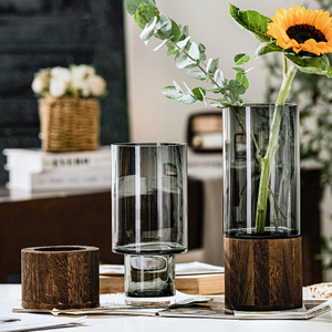 Handmade Wooden Glass Vase Nordic Light Luxury Home Decoration Dry Flower Arrangements Transparent Creative Vase