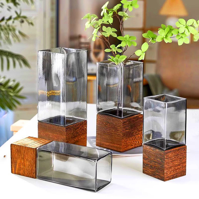 Modern Simple square Wood Support Transparent Glass Advanced Sense Vase Household Hydroponic Vases