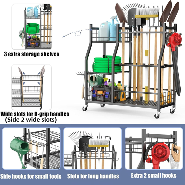Garden Tool Organizer with Wheels for Garage, Large Storage Capacity