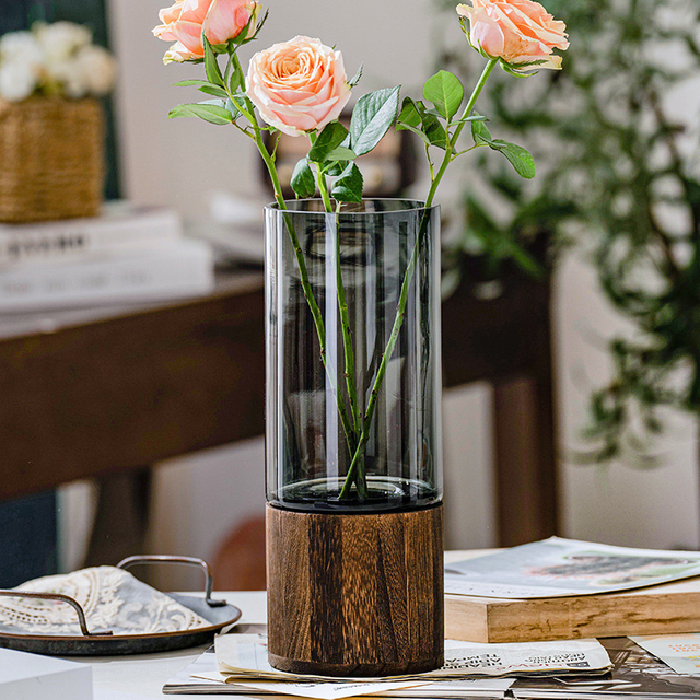 Handmade Wooden Glass Vase Nordic Light Luxury Home Decoration Dry Flower Arrangements Transparent Creative Vase