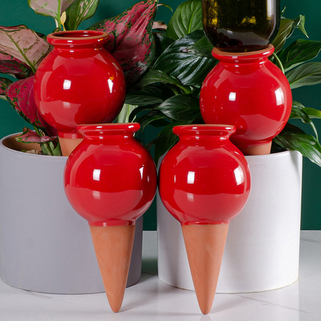 4pcs Red Ceramic Water Seepage Pot Lazy Person's Flower Watering Pot Green Plant Gardening Drip Irrigation Tool Water Spikes
