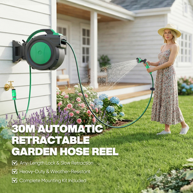 Retractable Garden Hose Reel Automatic Wall Mounted Water Hose Reel with Slow Return PVC Hose for Garden Irrigation